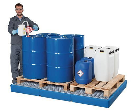 DENIOS Auffangwanne classic-line aus PE für 6 Fässer, PE-Gitterrost, 2200x1500x175, 267988