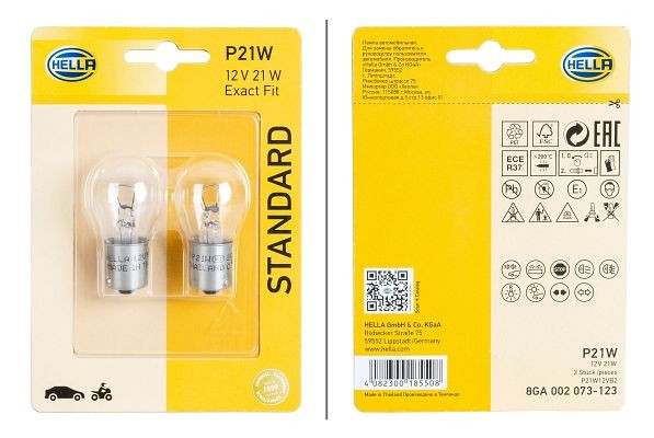 HELLA Halogen-Glühlampe, P21W, Standard, 12V, 21W, Sockelausführung Glühlampe: BAY15d, Blister, VE: 2 Stück, 8GA 002 073-123