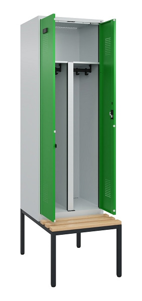 C+P PSA Doppel-Spind Evolo PLUS, Bank, 2 Abteile, 2120x600x815mm, 7035/6037, Zylinderschloss, Sitzfläche Buche-Hartholz, Sitzbank, 0490527-20P S10038