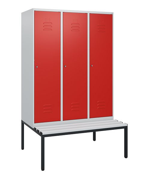 C+P Umkleidespind Classic PLUS, mit untergebauter Sitzbank, 3 Abteile, 1950x1200x815mm, 7035/3020, Zylinderschlösser, 0800505-32 S10047