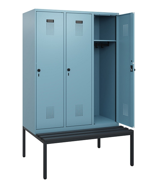 C+P Spind Evolo PLUS, 3 Abteile, 1950x1200x815mm, 0010/0010, Drehriegel, Sitzfläche Kunststoff, Sitzbank, 0490505-32 S10075
