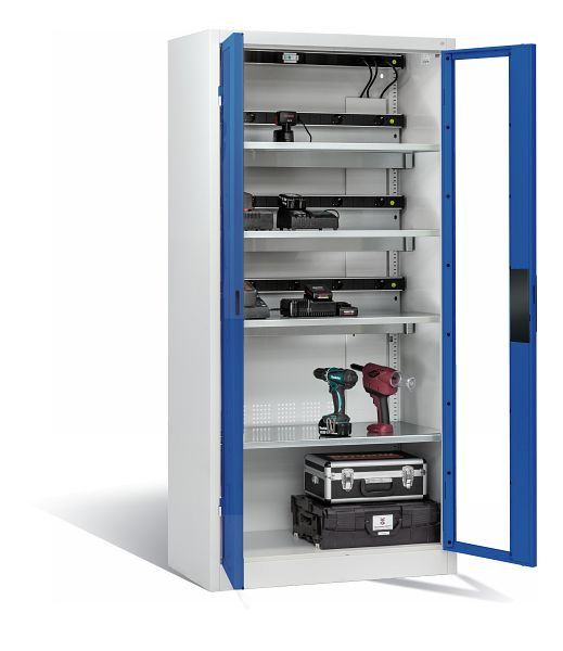 C+P Akkuladeschrank Serie 89, H1950xB930xT500mm, Farbe: Lichtgrau / Enzianblau, Muldengriff, 8921-055E3 S10001