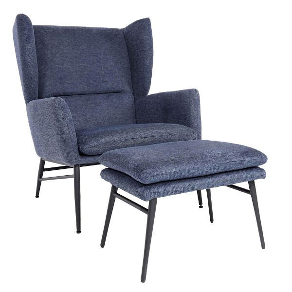 Mendler Lounge-Sessel mit Ottomane HWC-L62, Sessel Polstersessel Cocktailsessel Hocker, Stoff/Textil, blau, 117257+117260
