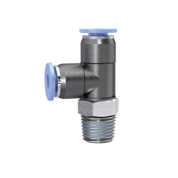 Riegler T-Steckverschraubung »Blaue Serie« mini, L-Form, drehbar, R 1/8, für Schlauch-Außen-Ø 4 mm, pmax 10 bar, Kunststoff/Messing vernickelt, 148861