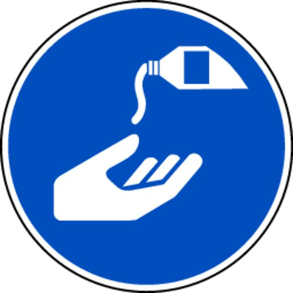 Schilder Klar Gebotszeichen Hautschutzmittel benutzen DIN EN ISO 7010- M022, 100 mm Folie selbstklebend, 7452/61