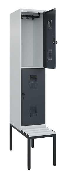 C+P Doppelstock-Spind Evolo PLUS, Bank, 2 Fächer, 2120x400x815mm, 7035/7016, Drehriegel, Sitzfläche Kunststoff, Sitzbank, 0493507-12 S10093