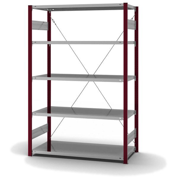 hofe Fachboden-Grundregal, 2000x600x1300 mm, 5 Fachebenen, verzinkt / RAL 3004, 190 kg Fachlast, 1600 kg Feldlast, einseitige Bedienung, HRG206013XL