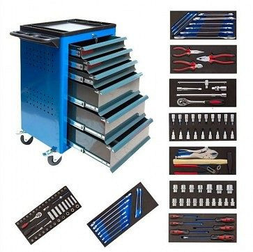 ADB Werkstattwagen BASIC mit Werkzeug 115-teilig, Maße: HxBxT: 960mm x 610mm x 450mm, Farbe Korpus: blau, RAL 5010, Farbe Front: grau, RAL 7016, 21006