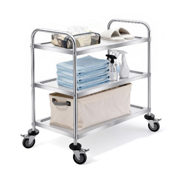 HOME NATURE WOHNKONZEPT 3-stufiger Servierwagen / Küchenwagen aus Edelstahl, platzsparender Rollwagen mit Universalrollen, 90x45x85cm, YQ0288