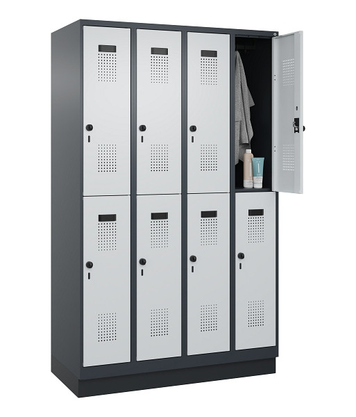 C+P Doppelstöckiger Spind Evolo PLUS, mit Sockel, 8 Fächer, 1950x1200x500mm, 701, Frontfarbe RAL 7035 Lichtgrau, Drehriegel, 049320-40 S10017