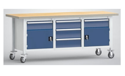 KLW Fahrbare Standard-Werkbank - 2000 x 700 x 840 mm L x T x H, mit Buchen-Multiplexplatte 40 mm, Türe + Schublade links und rechts, FS247N-2000M40-E7025