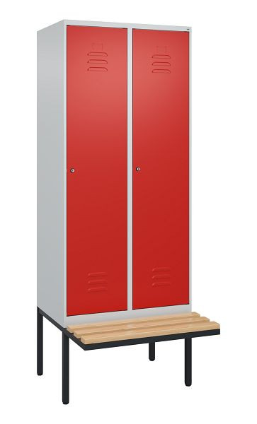 C+P Umkleidespind Classic PLUS, 2 Abteile, 2120x800x815mm, 7035/3020, Zylinderschlösser, Buche-Sitzleisten, je 2 Doppel-Haken, 0800407-22F S10078