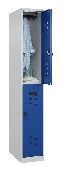 C+P Doppelstöckiger Spind Evolo PLUS, 2 Fächer, 1850x300x500mm, 7035/5010, Drehriegel, 049300-10 S10006