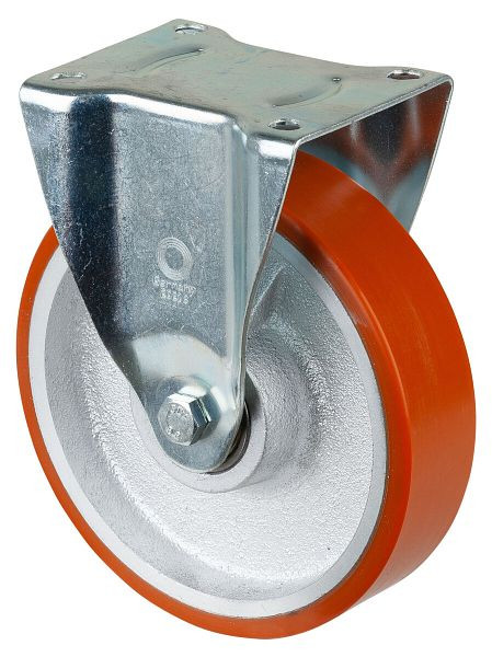 BS Rollen Schwerlastrolle, Bockrolle, Rad-Breite 40 mm, Rad-Ø 200 mm, Tragfähigkeit 450 kg, Guss-Polyurethan 95 Shore A, Guss, Kugellager, N110.C10.201
