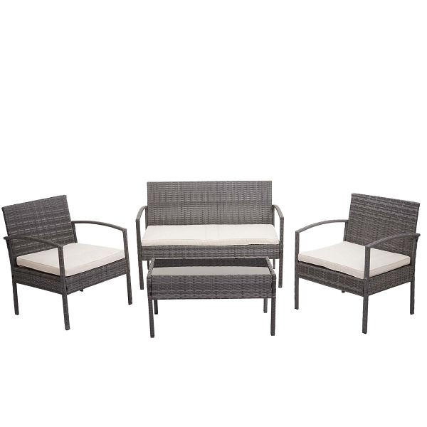 Mendler Poly-Rattan Garnitur HWC-F56, Balkon-/Garten-/Lounge-Set Sitzgruppe, grau, Kissen creme, 76127