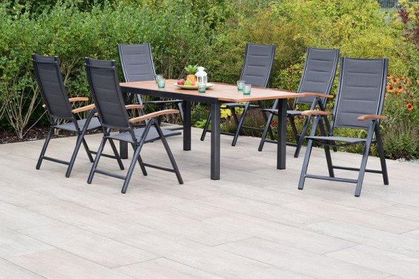 Merxx Paxos Set 7-teilig, 6 Klappsessel, gepolstert, graphit/grau, 1 Ausziehtisch, 150 (200) x 90 cm, 50825-307