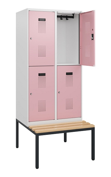 C+P Doppelstöckiger Spind Evolo PLUS, Bank, 4 Fächer, 1950x800x815mm, 9016/3015, Zylinderschloss, Sitzfläche Buche-Hartholz, Sitzbank, 0493505-22 S10046