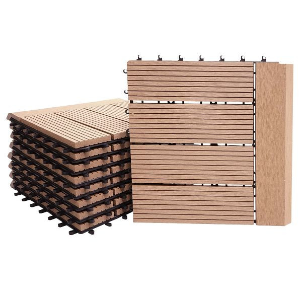 Mendler WPC Bodenfliese Rhone + Abschluss, Holzoptik Balkon/Terrasse, 11x je 30x30cm = 1qm Premium, teak linear waagrecht, 77623