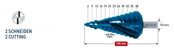 Karnasch Stufenbohrer HSS-XE, Blue-Dur beschichtet Spiral genutet - 2 Schneiden 6-38mm, 201470