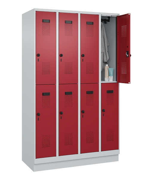 C+P Doppelstöckiger Spind Evolo PLUS, mit Sockel, 8 Fächer, 1950x1200x500mm, 703, Frontfarbe RAL 3003 Rubinrot, Drehriegel, 049320-40 S10004