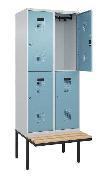 C+P Doppelstock-Spind Evolo PLUS, Bank, 4 Fächer, 2120x800x815mm, 7035/0010, Zylinderschloss, Sitzfläche Buche-Hartholz, 0493407-22 S10036