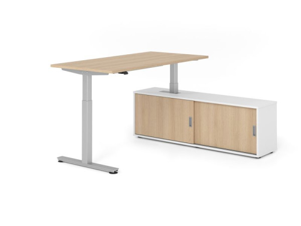 Hammerbacher Schreibtisch XMST16, 160x80cm, Platte: Eiche, T-Fuß Gestell Silber, Höhe: 71 - 120 cm, Weiß / Eiche, VXMST16SB/E/S/W/E