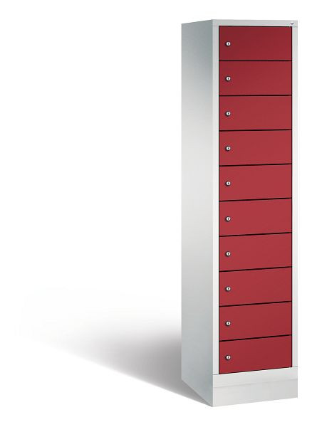 C+P Schließfachschrank Evolo, 10 Fächer, H1800xB420xT500 mm, Grau/Rubinrot, 48020-1210 S10141