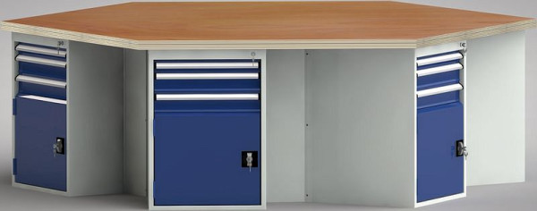 KLW Standard-Werkbank in Sechseckform (ERGO-Version) mit Buchen-Multiplexplatte in 6-Eck-Form 2338 x 2700 x 40 mm L x B x S, WS620E-1350M40-E8002