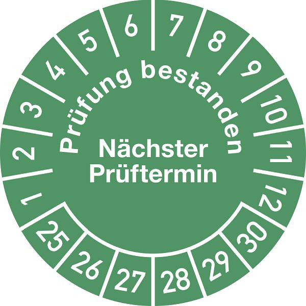 Moedel Prüfplakette Prüfung bestanden...2025 - 2030, Folie, Ø 30 mm, VE: 10 Stück/Bogen, 106280