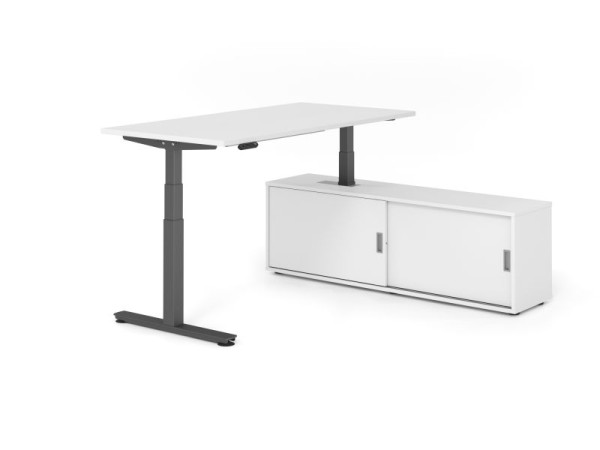Hammerbacher Schreibtisch XDSM16, 160x80cm, Platte: Weiß, T-Fuß Gestell Graphit, Höhe: 63 - 127 cm, Weiß / Weiß, VXDSM16SB/W/G/W/W