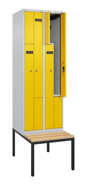 C+P Z-Spind Evolo PLUS, Bank, 4 Fächer, 2120x600x815mm, 7035/1023, Zylinderschloss, Sitzfläche Buche-Hartholz, Sitzbank, 0490537-204 S10025