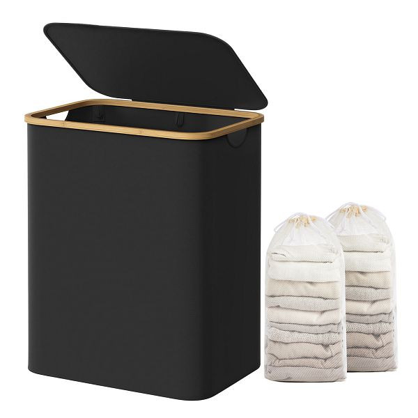 SONGMICS Wäschekorb mit Deckel, 2-teiliger großer Wäschekorb, 130L, abnehmbarer Netzeinsatz, zusammenklappbar, 52 x 38,5 x 70,5 cm, Schwarz, LCB513B01