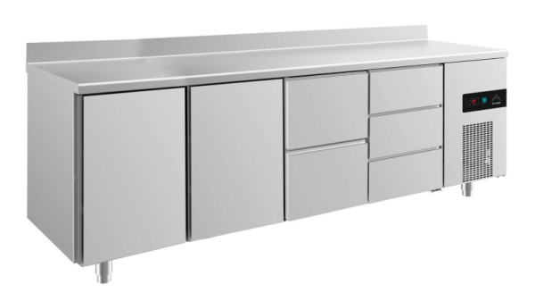 A&S Polarny Kühltisch -2 bis +8°C mit 2x Türen, zwei Schubladen mittig-rechts und drei Schubladen rechts, 2330 x 700 x 850 mm, mit Aufkantung, KT4TTZDA