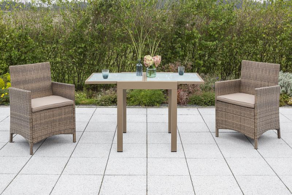 Merxx Treviso Set 3-teilig, 2 Treviso Sessel inkl. Kissen, 1 Ausziehtisch 65 (130) x 65 cm, sandfarbenes Gestell, matte Glasplatte, 50453-228