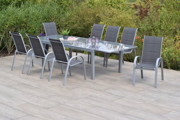 Merxx Amalfi di lusso Set 9-teilig, anthrazit, 8 Amalfi di lusso Stapelsessel, 1 Semi-Ausziehtisch, 200 (300) x 100 cm, silber/anthrazit, 50329-307