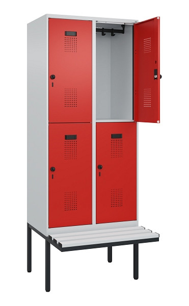 C+P Doppelstock-Spind Evolo PLUS, Bank, 4 Fächer, 2120x800x815mm, 7035/3020, Drehriegel, Sitzfläche Kunststoff, 0493407-22 S10086