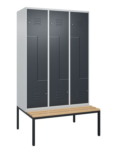 C+P Z-Spind Classic PLUS, mit untergebauter Sitzbank, 6 Abteile, 2120x1200x815mm, 7035/7016, Zylinderschlösser, Buche-Sitzleisten, 0800537-326 S10023