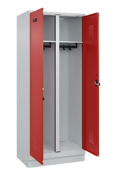 C+P Schwarz-Weiß-Spind Evolo PLUS, mit Sockel, 2 Abteile, 1950x800x500mm, 7035/3, Frontfarbe RAL 3020 Verkehrsrot, Drehriegel, 049022-22 S10005