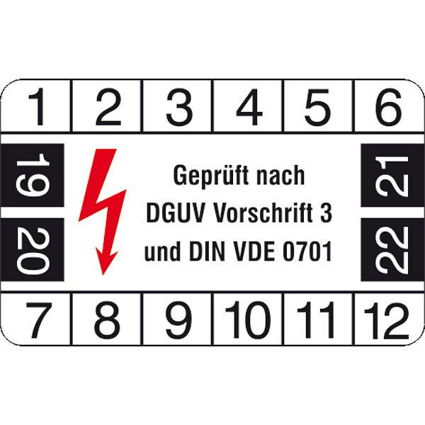 SafetyMarking Prüfplakette, DGUV V 3 und DIN VDE 0701, Prüfzeitraum: 19-22, BxH 4x2,5 cm, Folie, selbstklebend, VE: 12 Stück/Bogen, 30.C2125-19-22