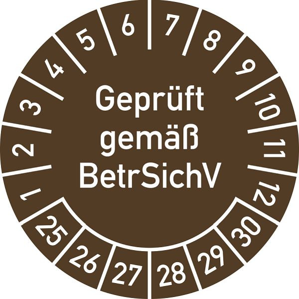 Moedel Prüfplakette Geprüft gemäß BetrSichV, 2025-2030, Folie, Ø 25 mm, VE: 10 Stück/Bogen, 106428