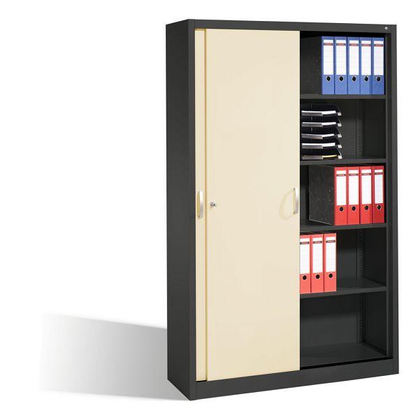 C+P Schiebetürenschrank Acurado, H1950xB1200xT400mm, Farbe: Schwarzgrau / Perlweiß, Bügelgriff, 5 OH, 2040-00 S10078