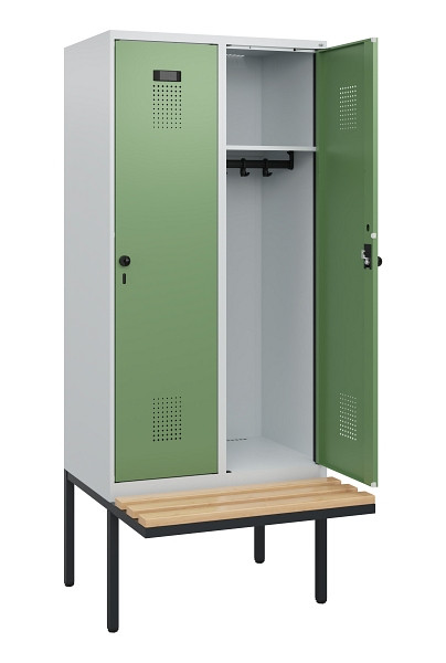 C+P Spind Evolo PLUS, 2 Abteile, 1950x800x815mm, 7035/6011, Drehriegel, Sitzfläche Holz, 0490405-22 S10010