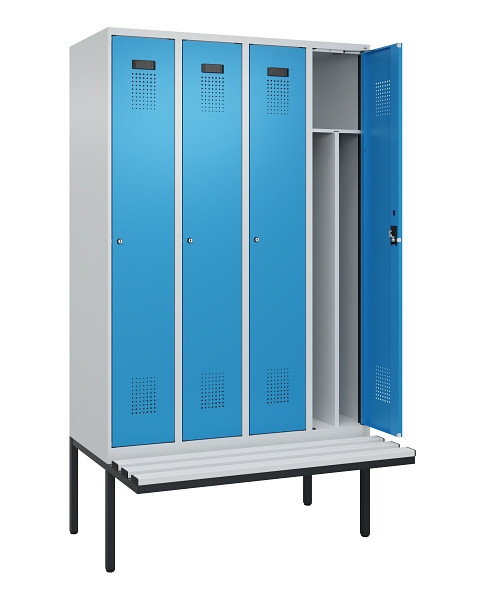 C+P Spind Evolo PLUS, 4 Abteile, 2120x1200x815mm, 7035/5012, Haken 4, Zylinderschloss, Material Sitzfläche Kunststoff, 0490407-40F S10088