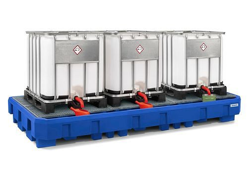 DENIOS Auffangwanne classic-line aus PE für 3 IBC, Abfüllbereich und verzinkt Gitterrost, 267615