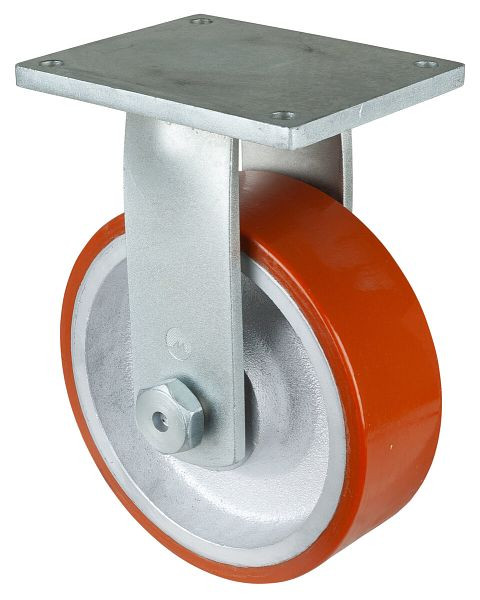 BS Rollen Schwerlastrolle, Bockrolle, Rad-Breite 100 mm, Rad-Ø 300 mm, Tragfähigkeit 2800 kg, Guss-Polyurethan 95 Shore A, Guss, Kugellager, RR110.C10.302