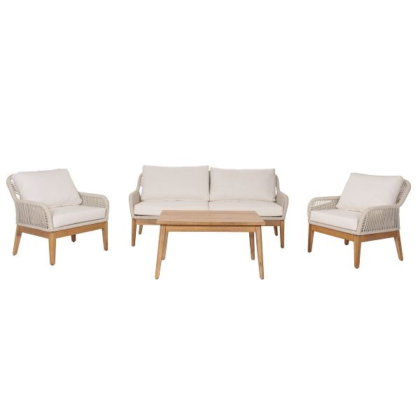 Mendler Gartengarnitur HWC-H56b, Lounge-Set Gartenlounge Sofa Sessel Tisch, Seilgeflecht Rope Holz Akazie, creme, 106663+106664