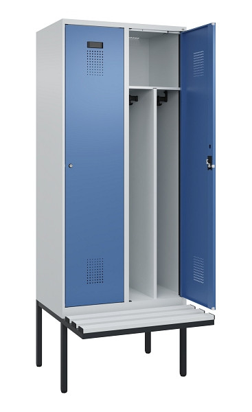 C+P Spind Evolo PLUS, 2 Abteile, 2120x800x815mm, 7035/5023, Haken 4, Zylinderschloss, Sitzfläche Kunststoff, Trennwand, 0490407-22F S10089