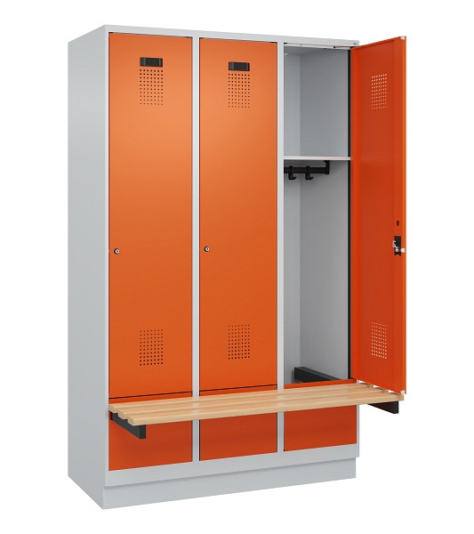 C+P Spind Evolo PLUS, 3 Abteile, 1950x1200x815mm, 7035/2004, Zylinderschloss, Sitzfläche Holz, mit Sockel, 049040-32 S10029