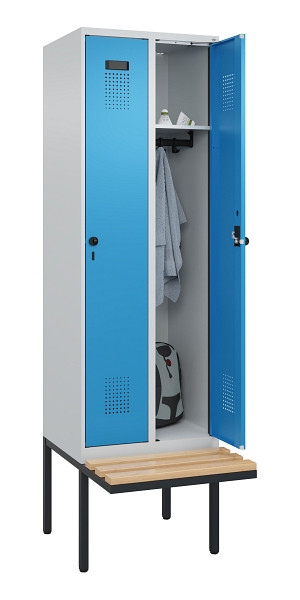 C+P Spind Evolo PLUS, 2 Abteil, 2120x600x815mm, 7035/5012, Drehriegel, Sitzfläche Holz, 0490407-20 S10007