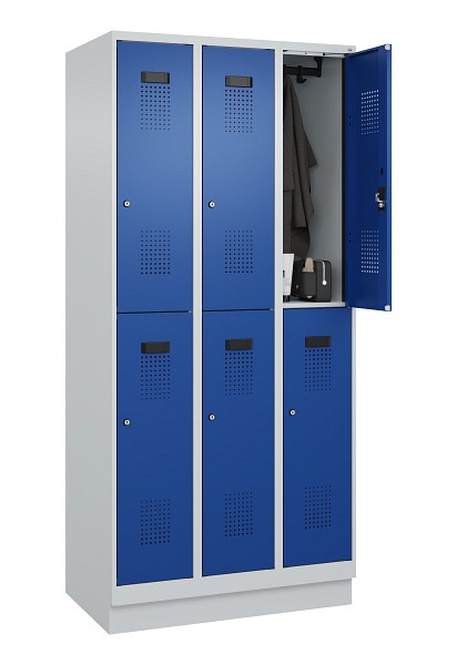 C+P Doppelstöckiger Spind Evolo PLUS, mit Sockel, 6 Fächer, 1950x900x500mm, 7035, Frontfarbe RAL 5010 Enzianblau, Zylinderschloss, 049320-30 S10033